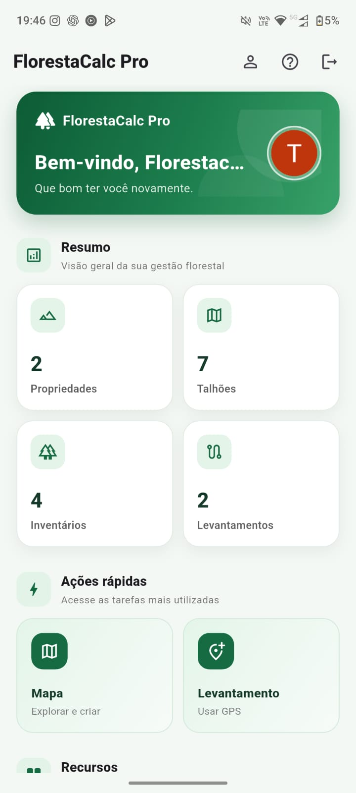FlorestaCalc Pro para Android exibindo a tela inicial do aplicativo